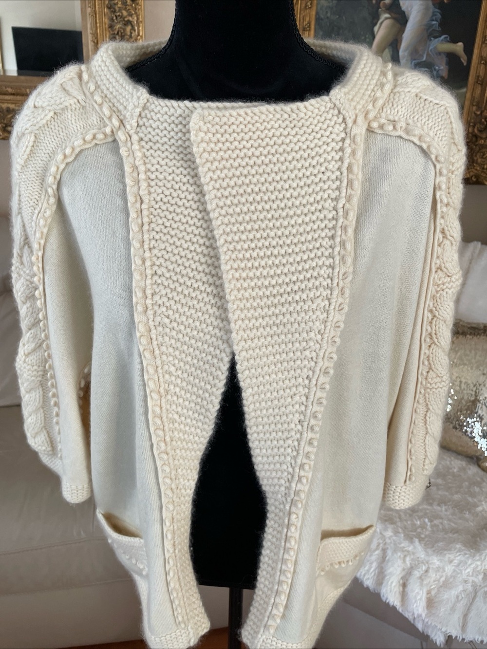 Auth.CHANEL Cream Cable Knit Cardigan Sweater Bolero Loose Fit 38 - Picture 2 of 16